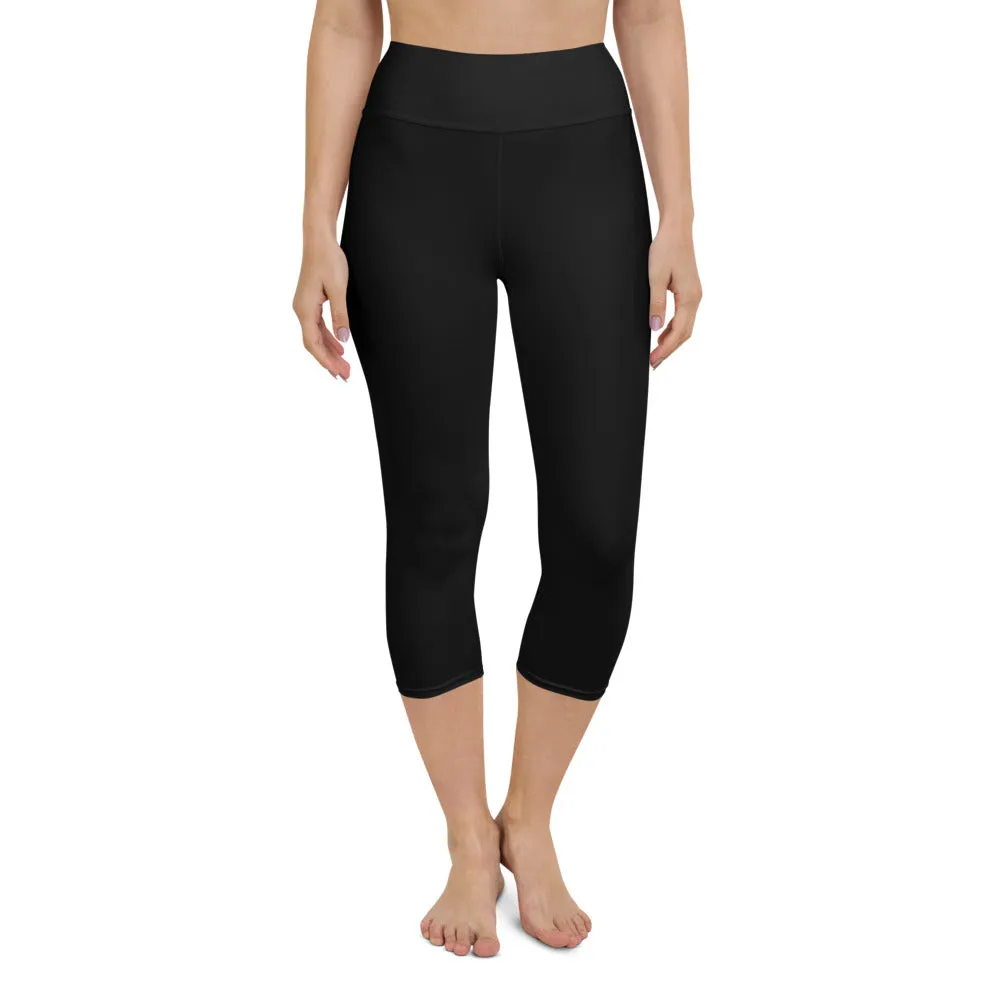 Solid Black Yoga Capri Leggings, Solid Black Color Designer Capris Tights-Made in USA/EU/MX