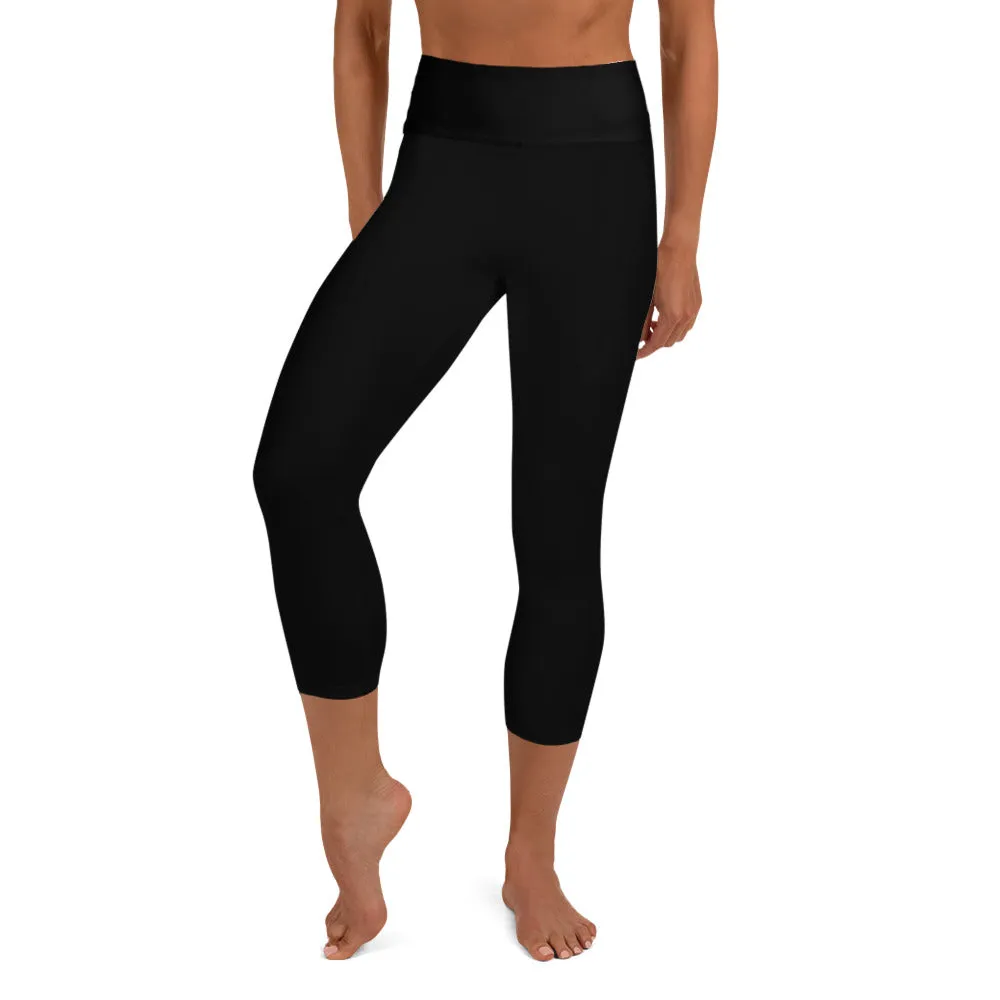 Solid Black Yoga Capri Leggings, Solid Black Color Designer Capris Tights-Made in USA/EU/MX