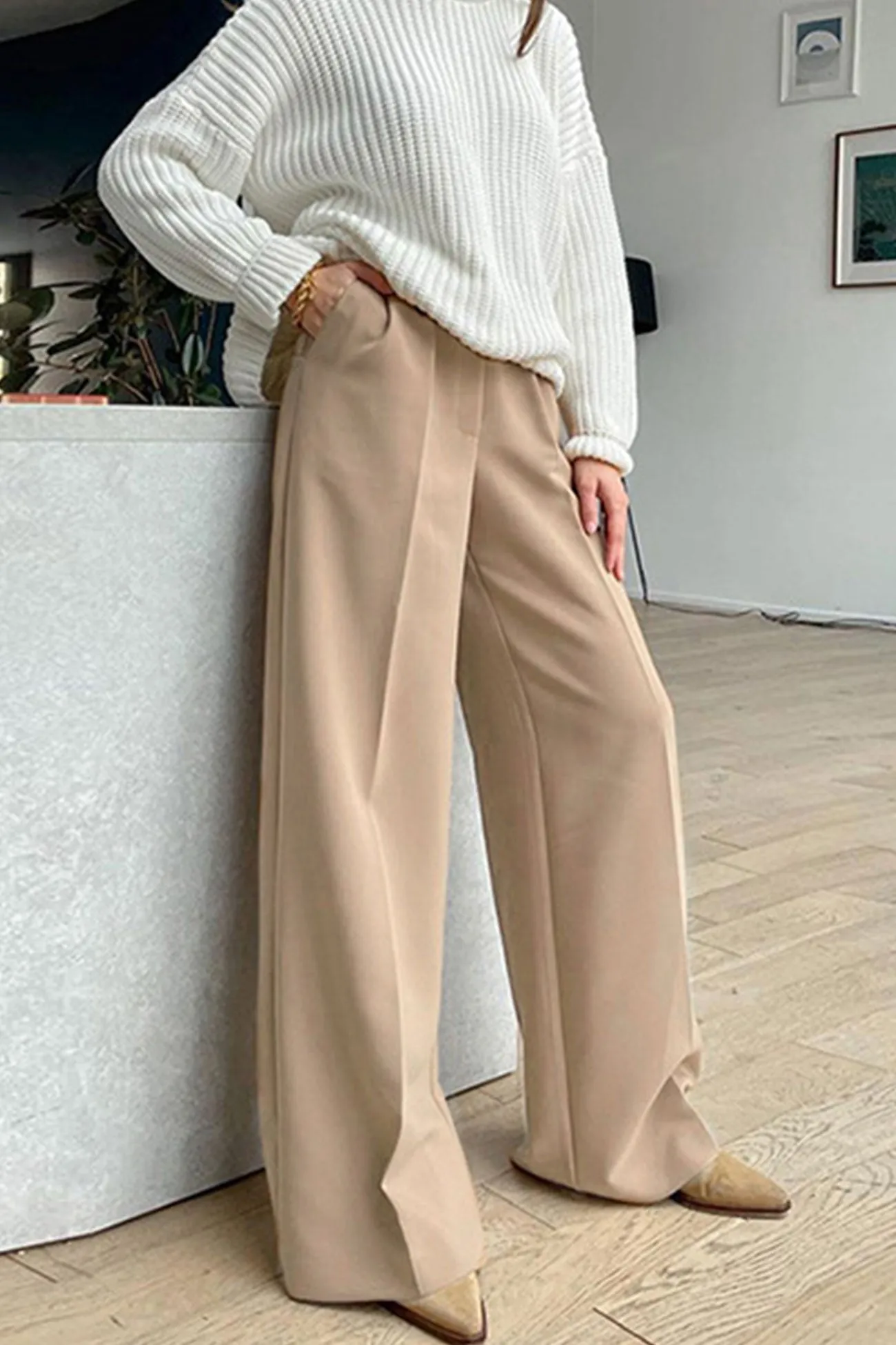 Solid Color High Waist Loose Suit Pants