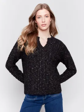 Speckled Yarn Cable Knit Sweater - Black