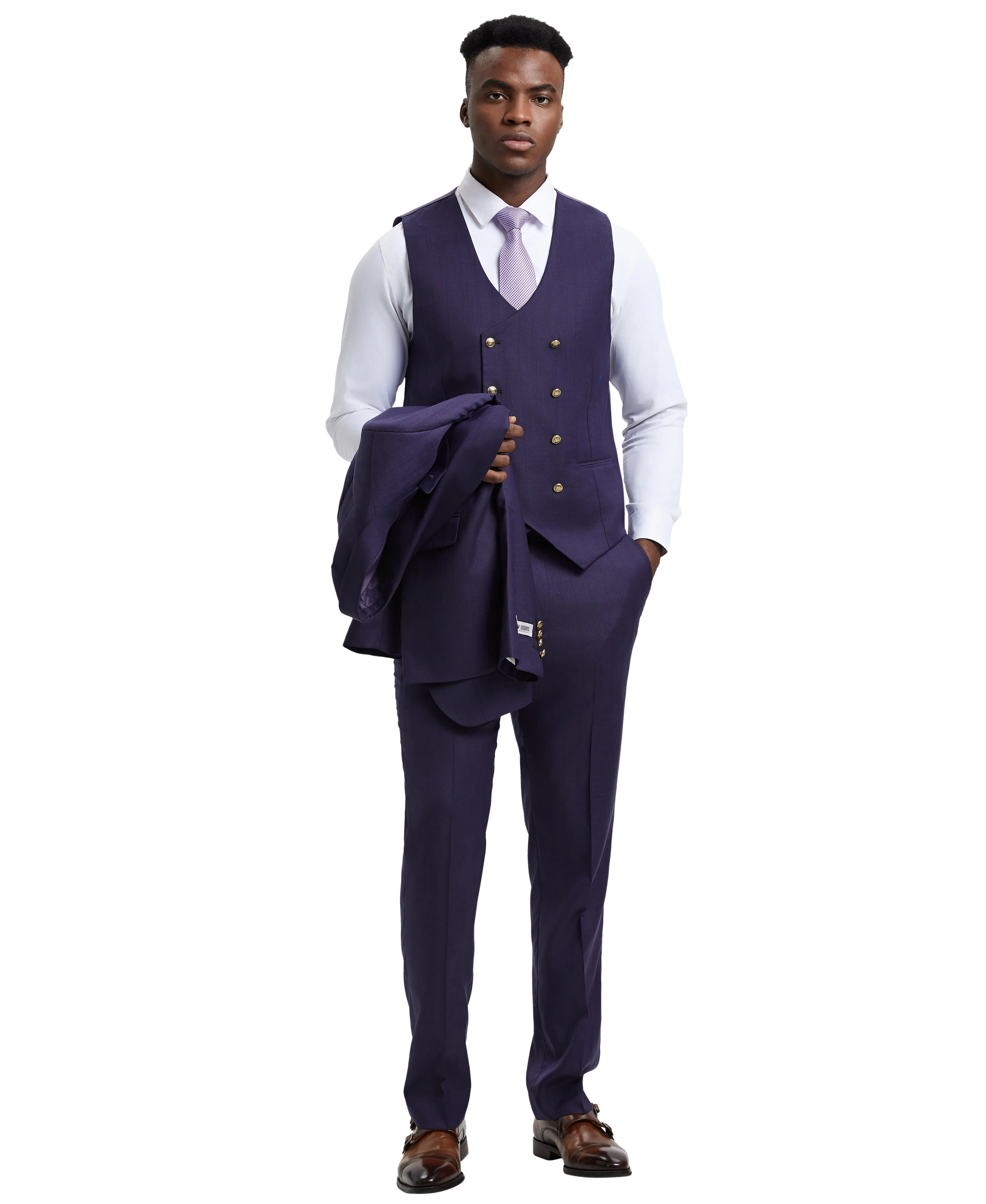 Stacy Adams Hybrid-Fit Suit w/ Double Breasted Vest, Purple