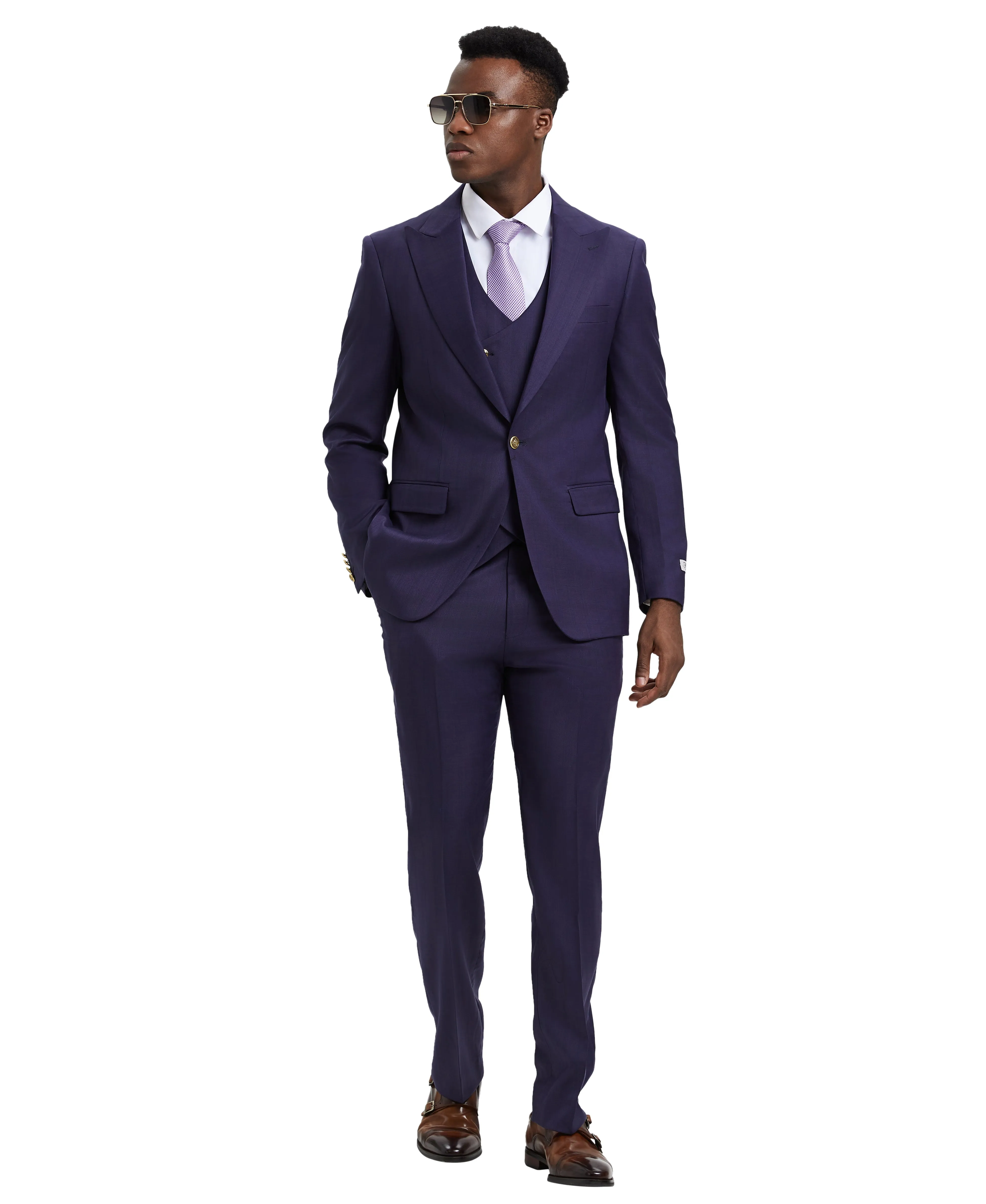 Stacy Adams Hybrid-Fit Suit w/ Double Breasted Vest, Purple