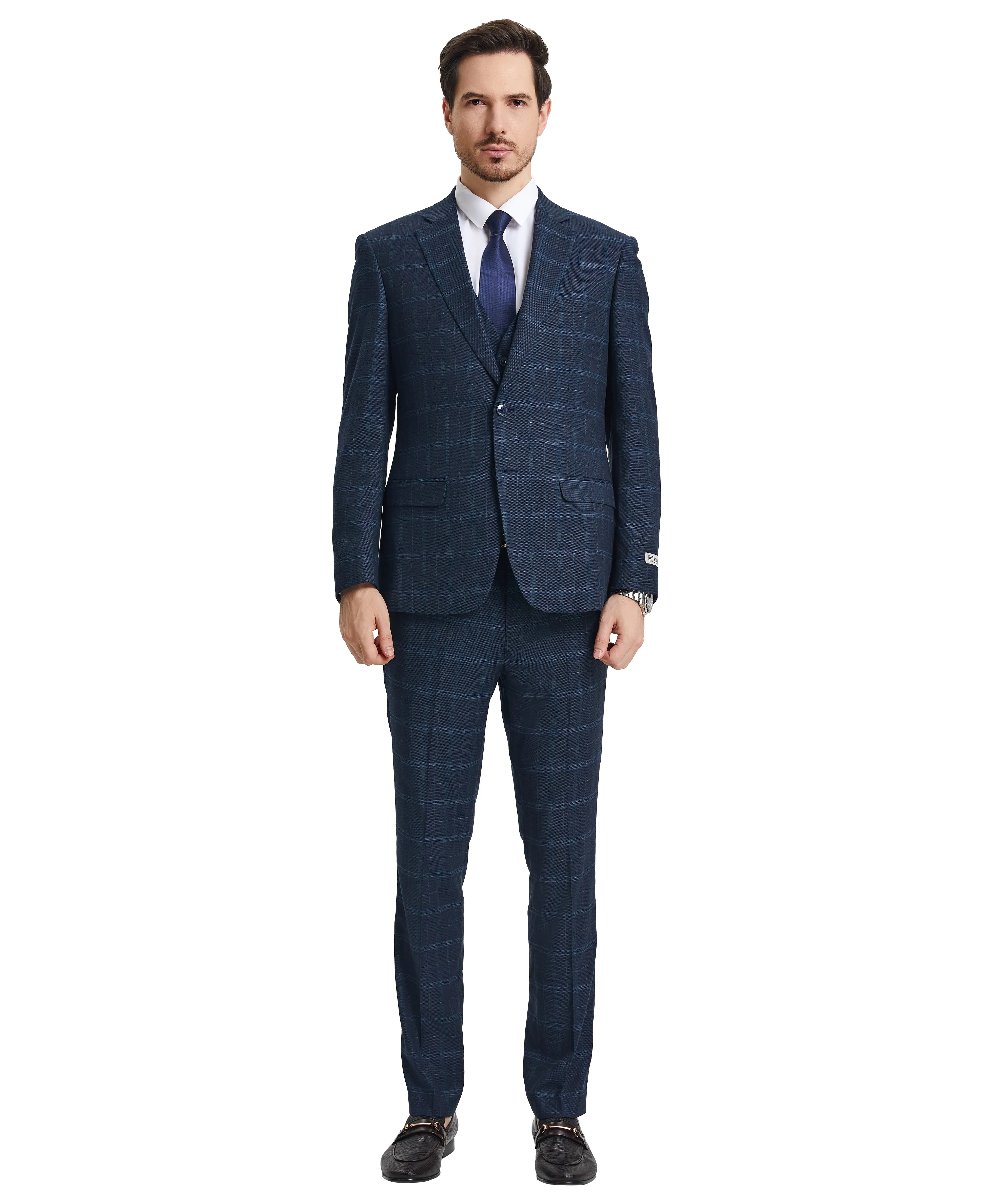 Stacy Adams Hybrid-Fit Vested Suit, Plaid Navy