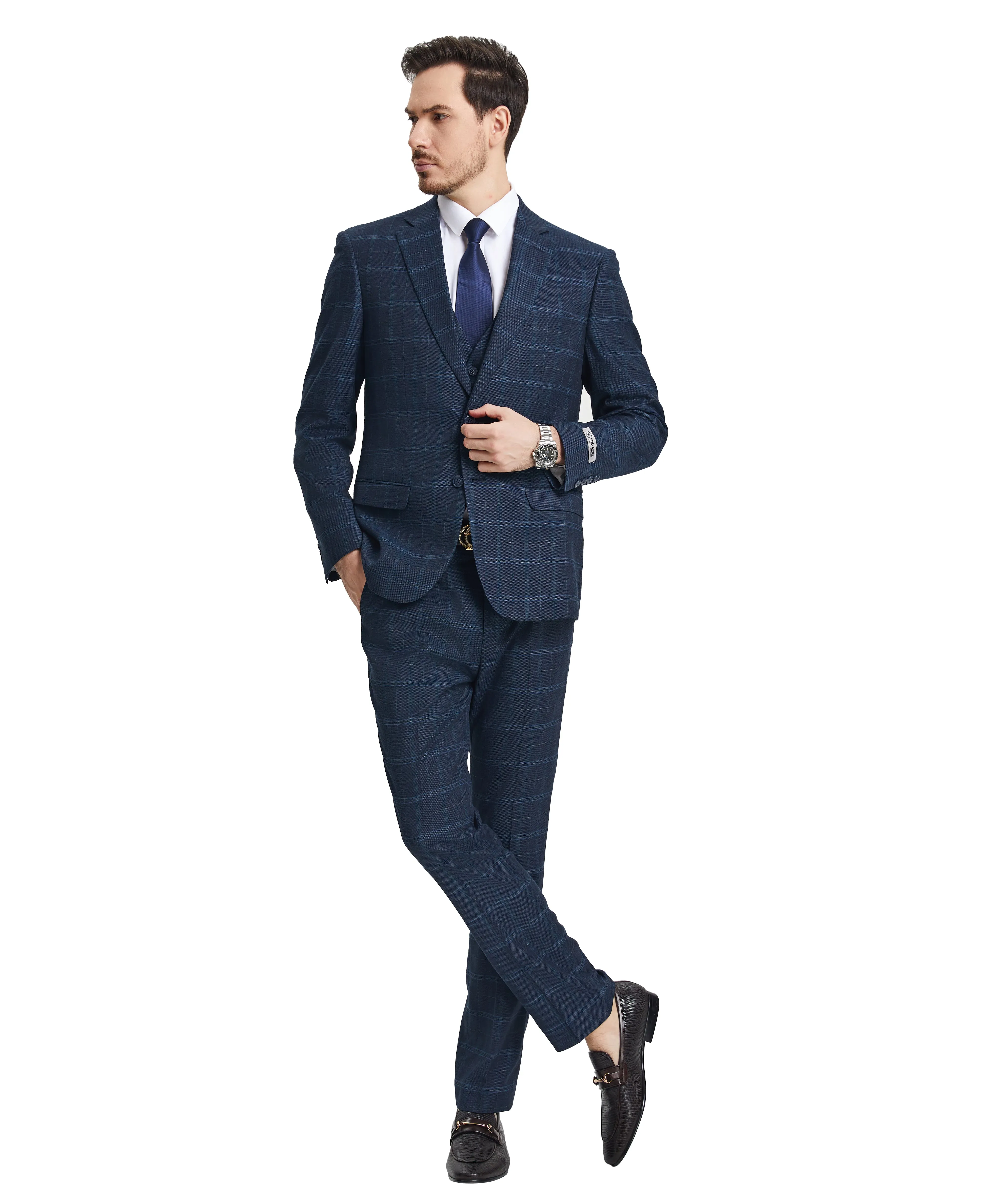 Stacy Adams Hybrid-Fit Vested Suit, Plaid Navy