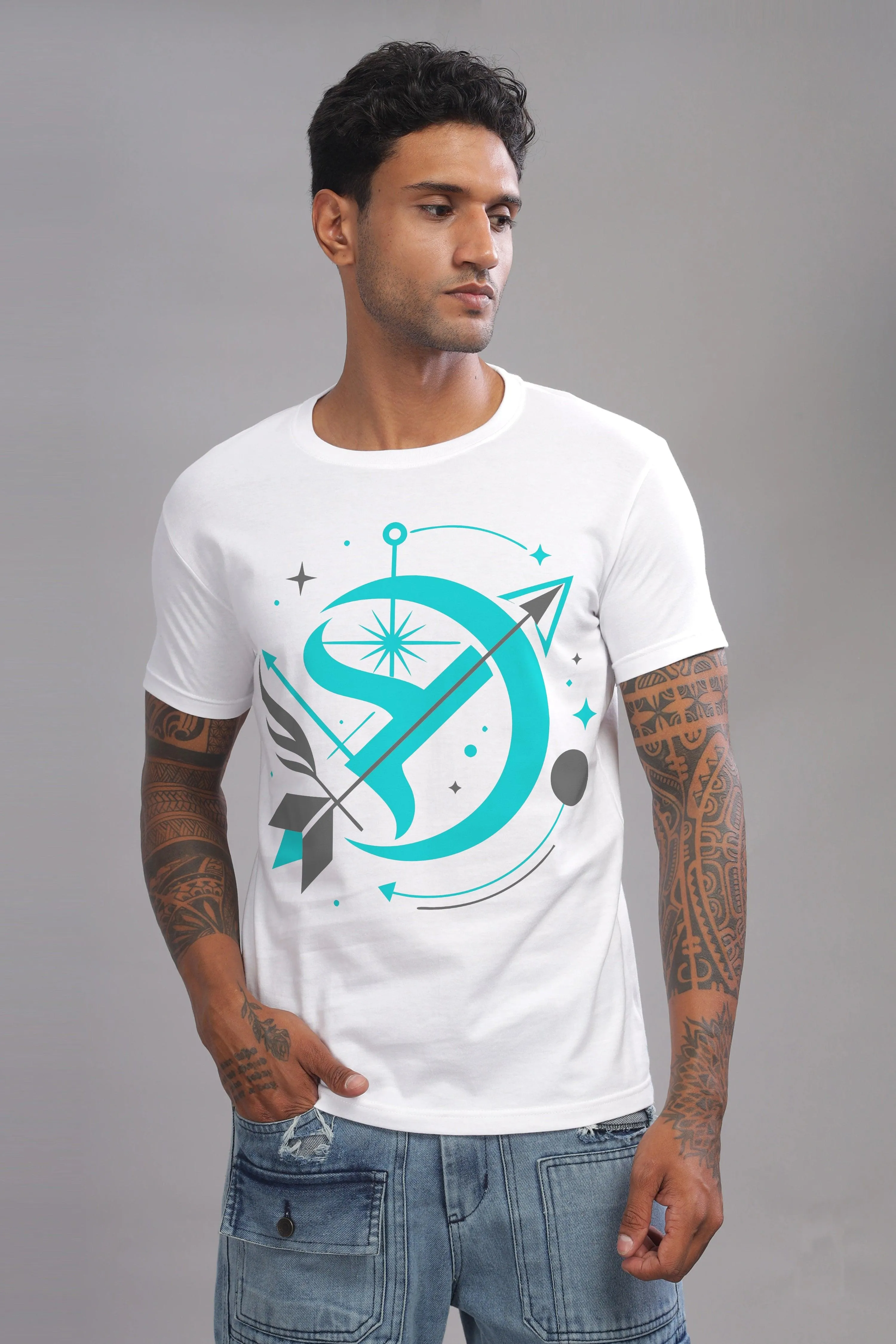 Starry Sagittarian White Half Sleeve Printed Round Neck T-Shirt