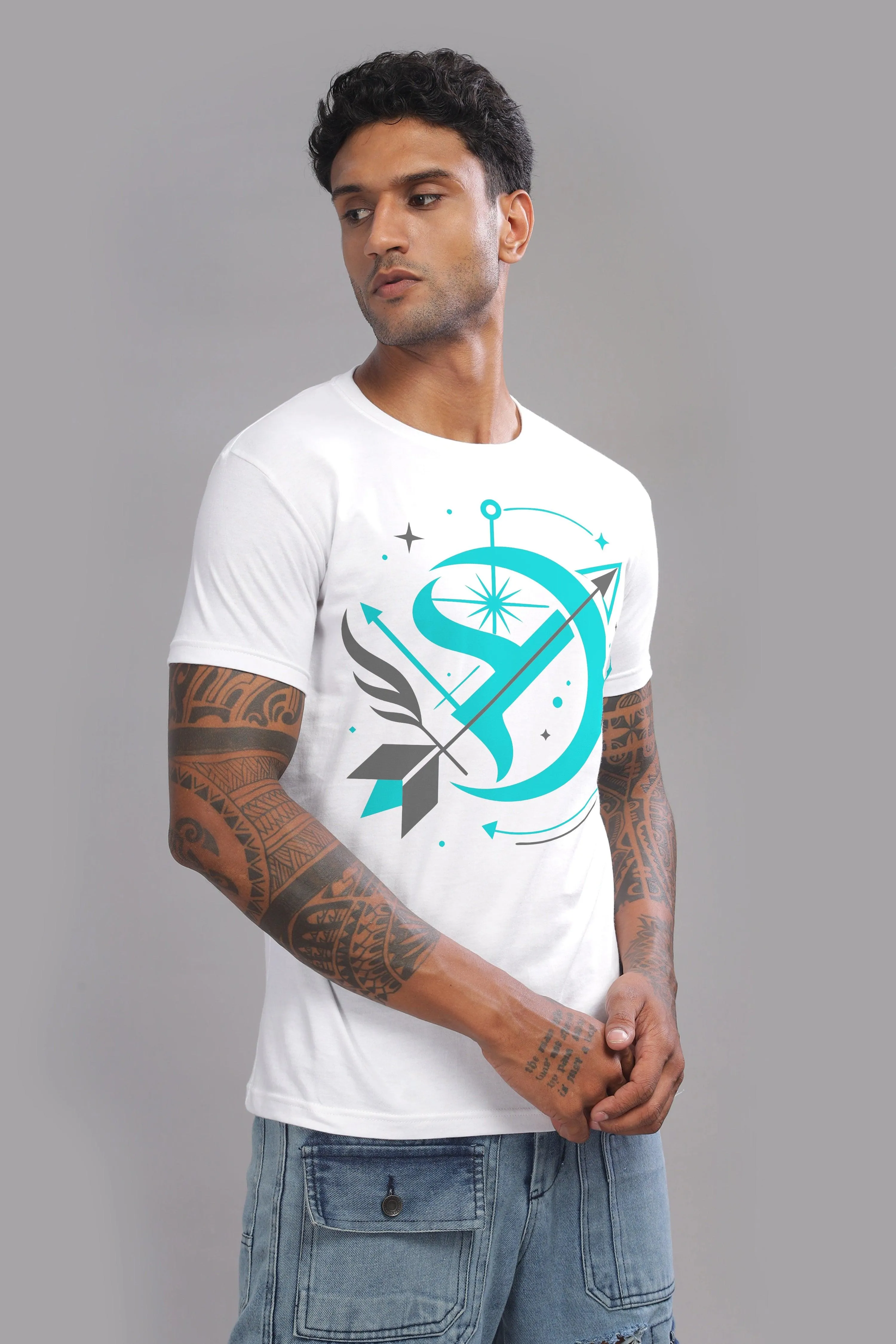 Starry Sagittarian White Half Sleeve Printed Round Neck T-Shirt