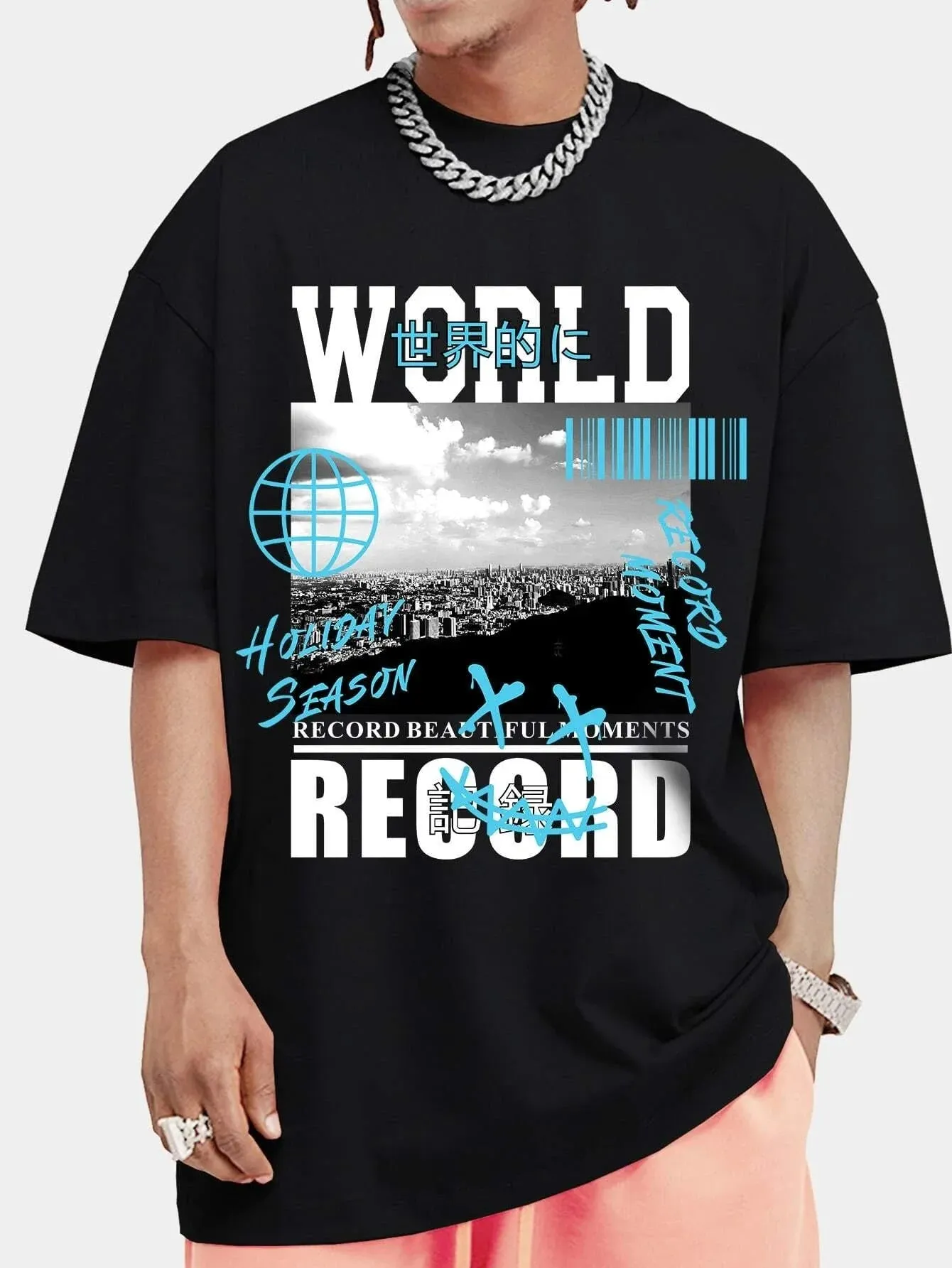 SXV  'World Record’ Printed Cool Aesthetic Oversized Baggy T-shirt