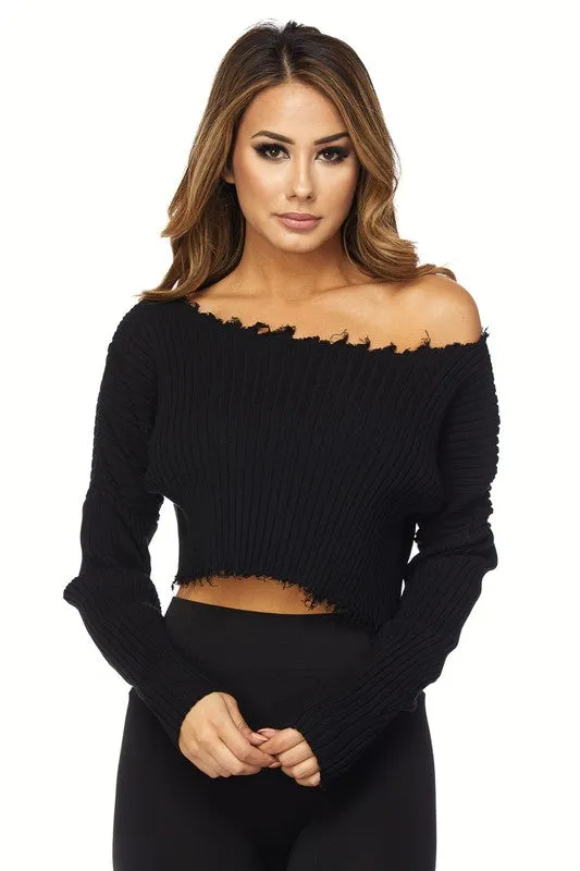 THE MYSTYLEMODE BLACK DISTRESSED LONG SLEEVE CROP TOP SWEATER