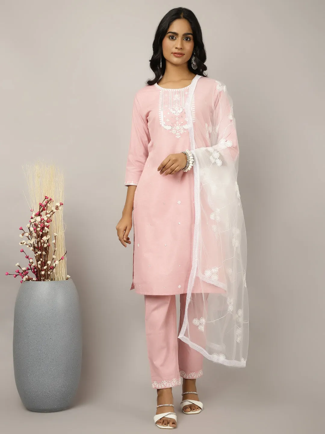 Thread And Sequin Embroidered Cotton Suit Set