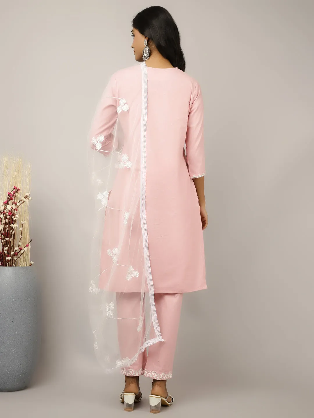 Thread And Sequin Embroidered Cotton Suit Set