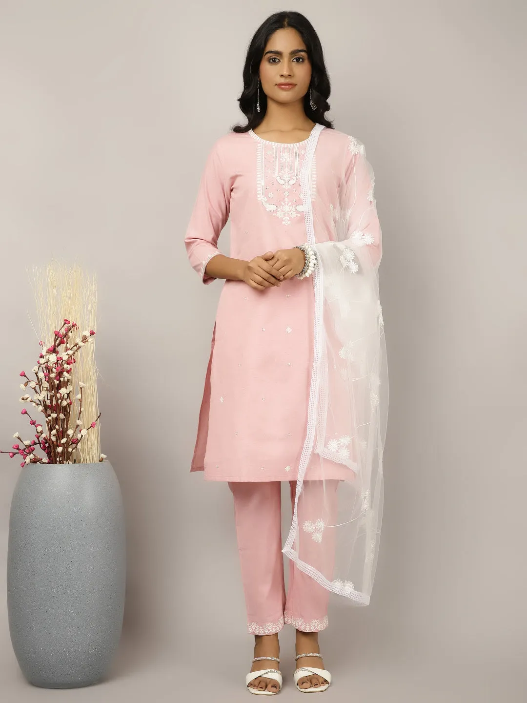 Thread And Sequin Embroidered Cotton Suit Set