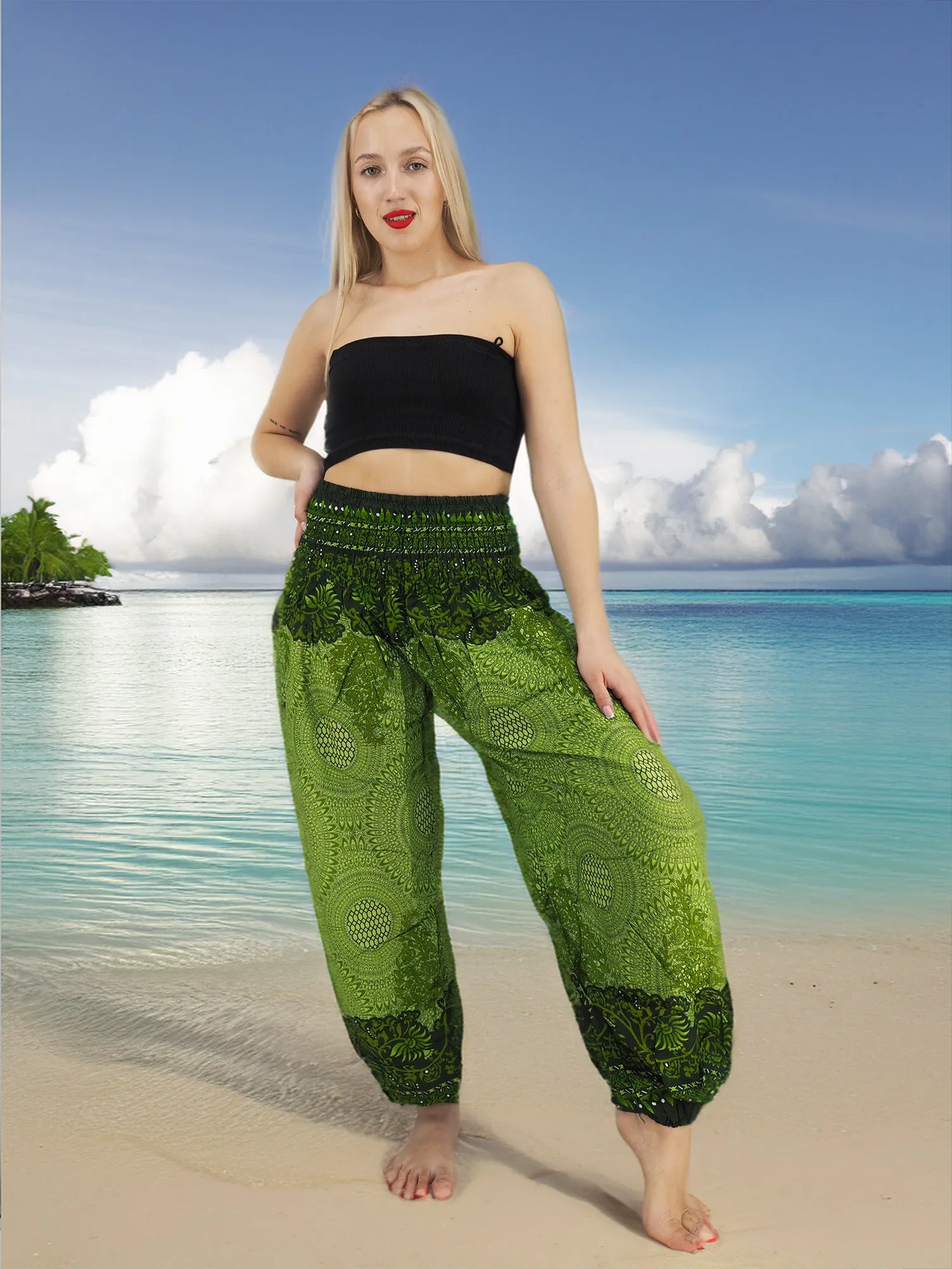 Unisex Harem Yoga Hippie Boho Pants in Green Tones XL