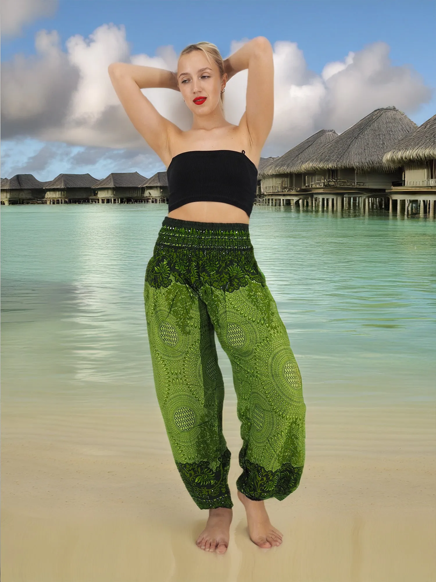 Unisex Harem Yoga Hippie Boho Pants in Green Tones XL