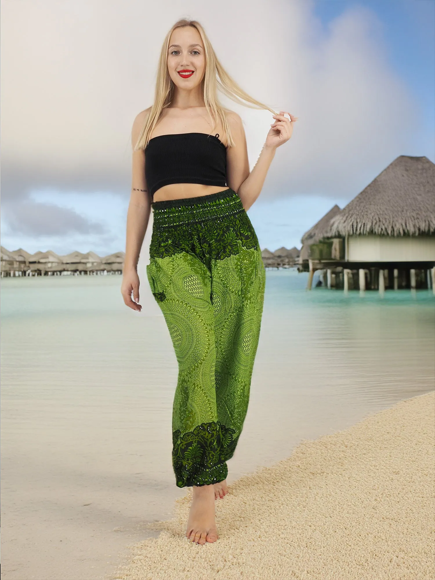 Unisex Harem Yoga Hippie Boho Pants in Green Tones XL