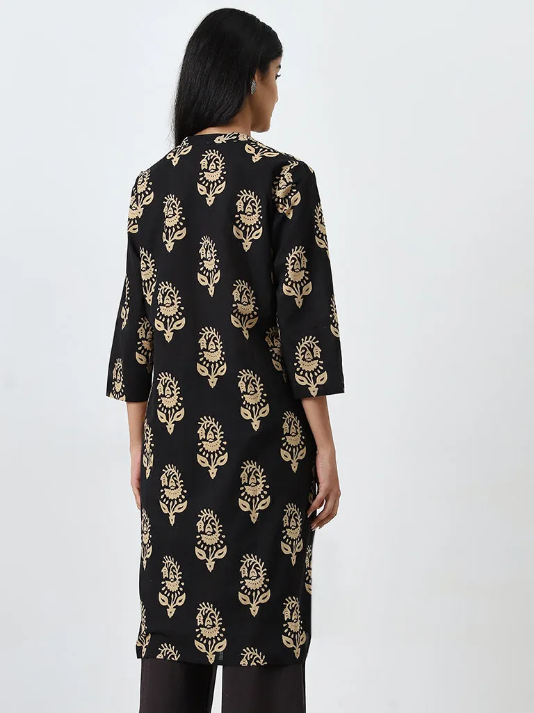 Utsa Black Floral Design Straight Cotton Kurta