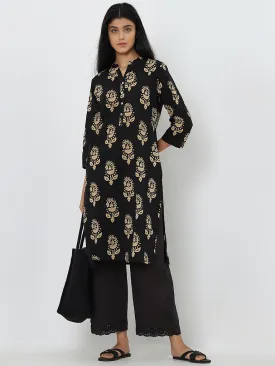 Utsa Black Floral Design Straight Cotton Kurta