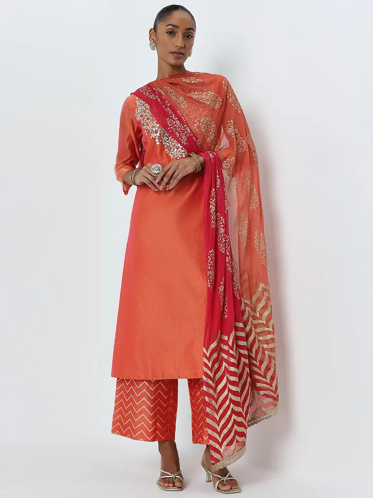 Vark Coral Floral Embellished Kurta, Pants And Dupatta Set