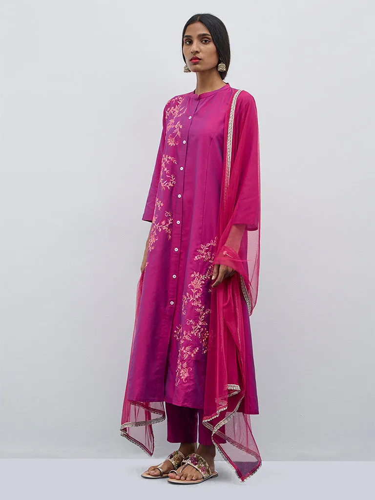 Vark Magenta Floral Embroidered A-Line Kurta, Pants and Dupatta Set