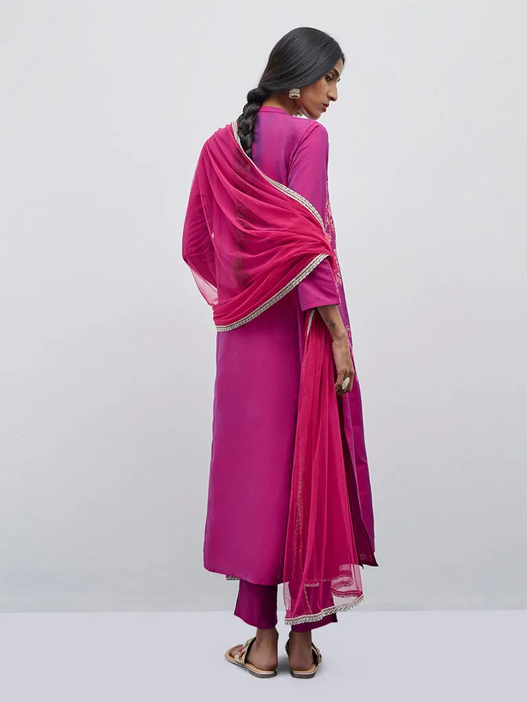 Vark Magenta Floral Embroidered A-Line Kurta, Pants and Dupatta Set