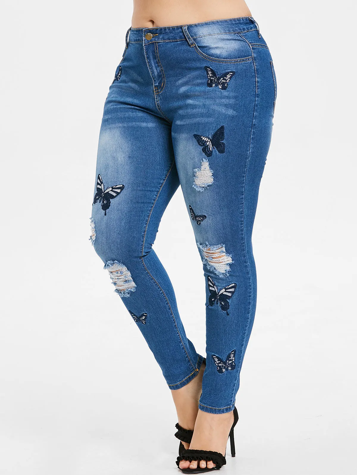 VenusFox Plus Size Butterfly Embroidered Skinny High Waist Jeans