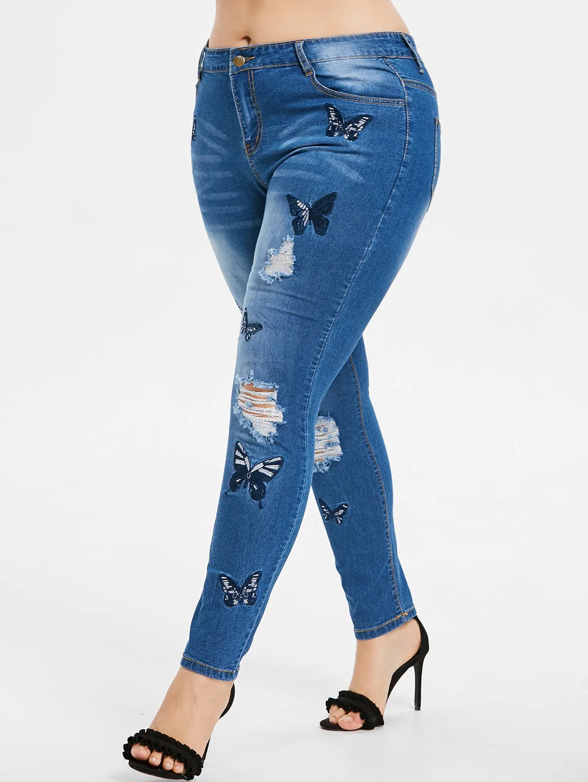 VenusFox Plus Size Butterfly Embroidered Skinny High Waist Jeans