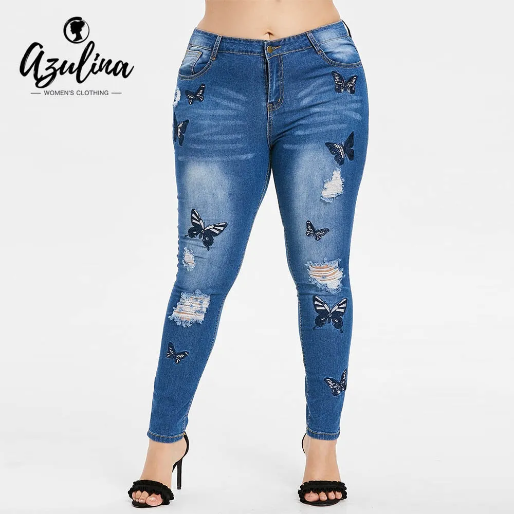 VenusFox Plus Size Butterfly Embroidered Skinny High Waist Jeans