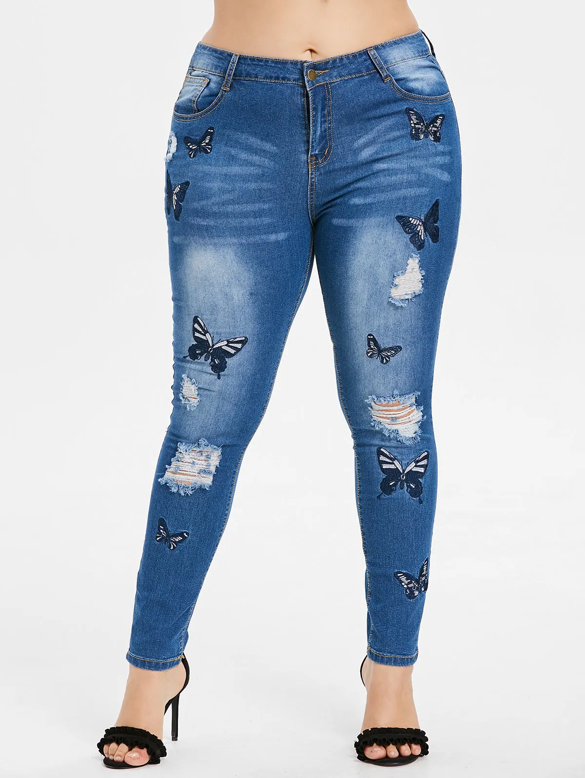 VenusFox Plus Size Butterfly Embroidered Skinny High Waist Jeans