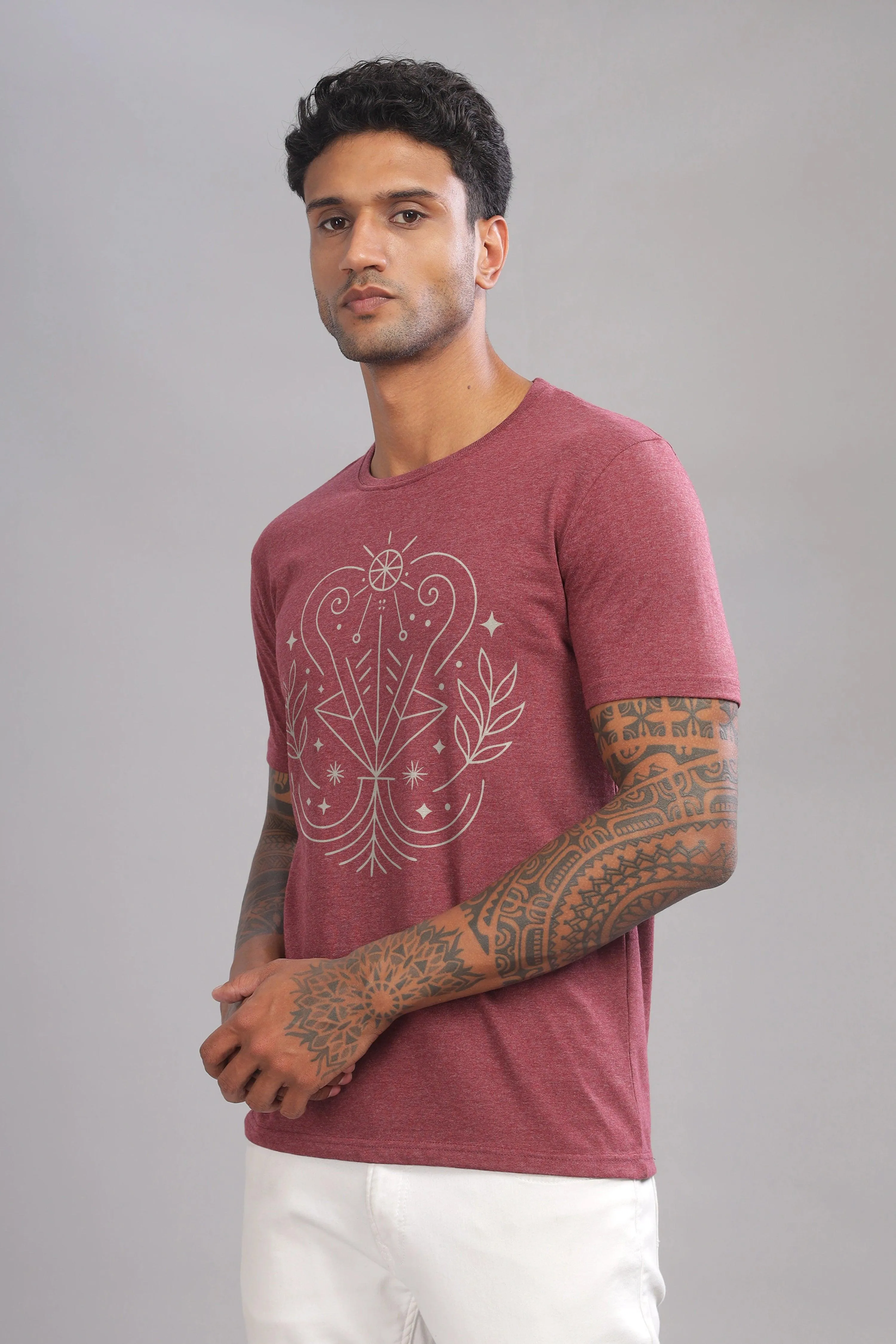 Virgo Vision Maroon Half Sleeve Printed Round Neck T-Shirt