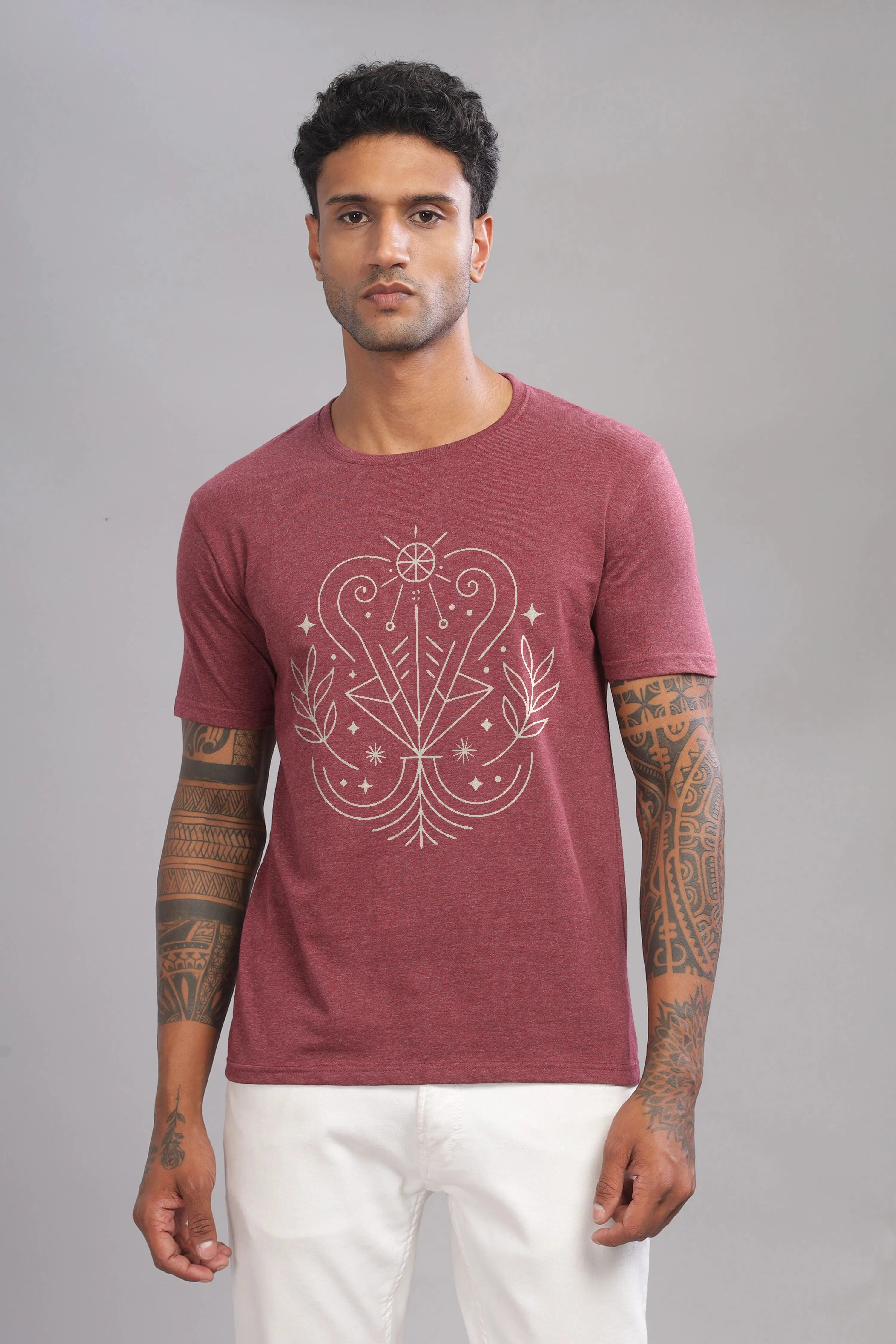 Virgo Vision Maroon Half Sleeve Printed Round Neck T-Shirt