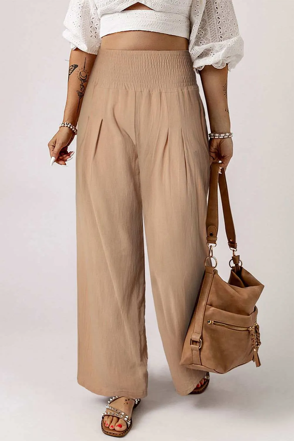 White Smocked Wide Waistband High Waist Wide Leg Pants