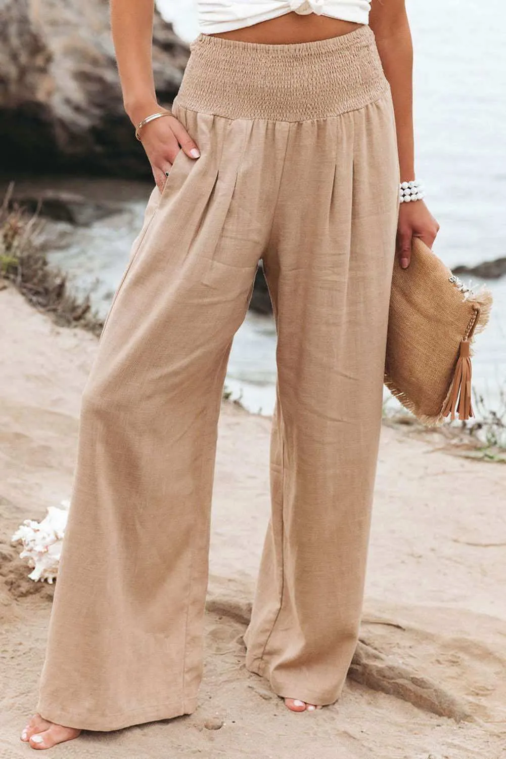 White Smocked Wide Waistband High Waist Wide Leg Pants