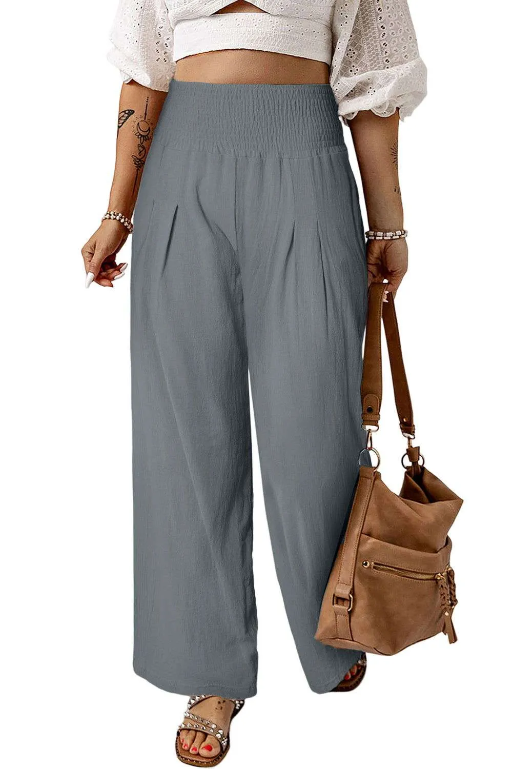 White Smocked Wide Waistband High Waist Wide Leg Pants