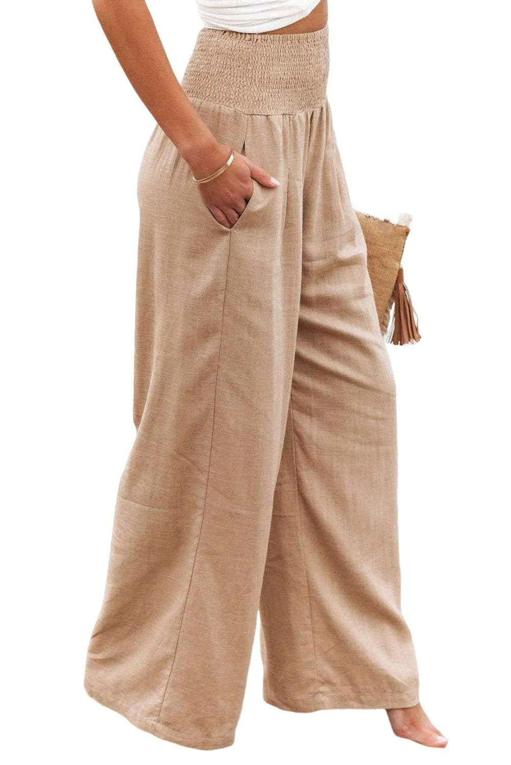 White Smocked Wide Waistband High Waist Wide Leg Pants