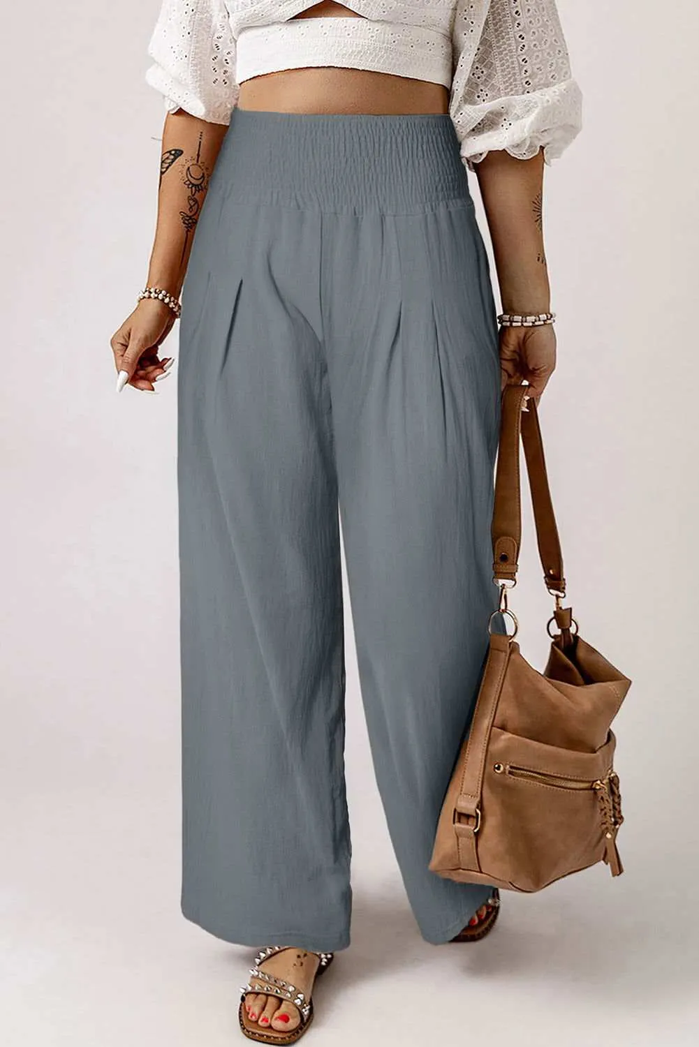 White Smocked Wide Waistband High Waist Wide Leg Pants