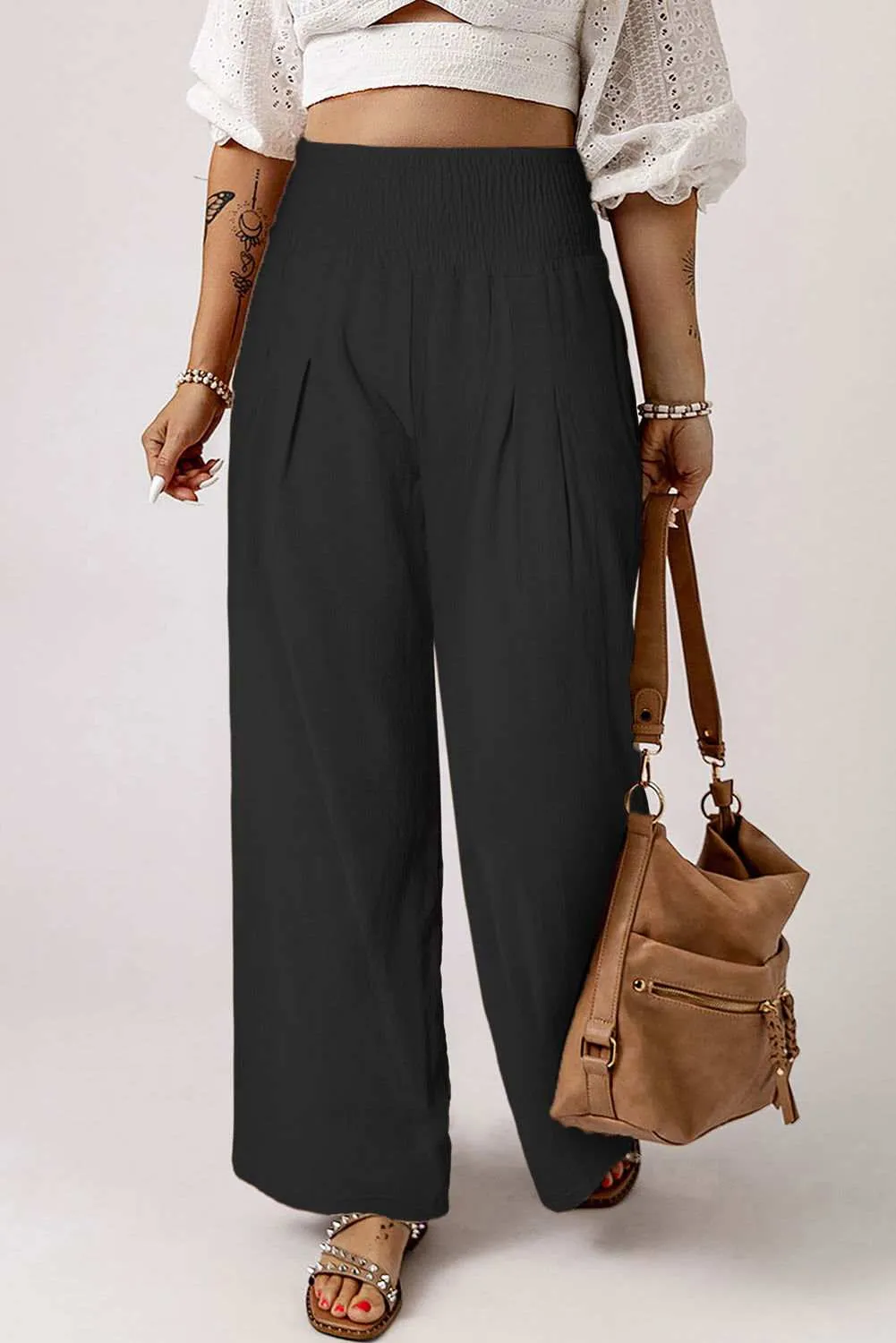 White Smocked Wide Waistband High Waist Wide Leg Pants