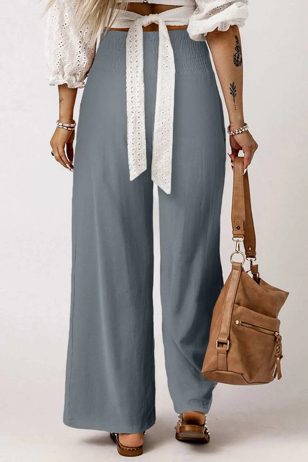 White Smocked Wide Waistband High Waist Wide Leg Pants