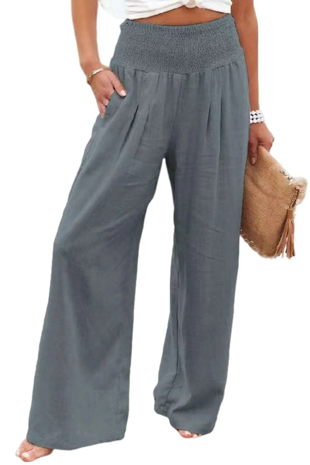 White Smocked Wide Waistband High Waist Wide Leg Pants