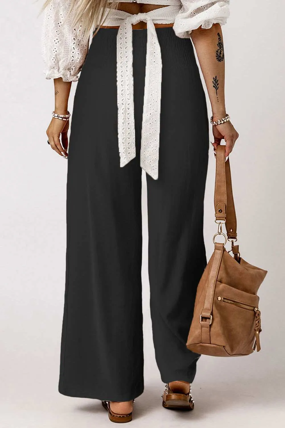 White Smocked Wide Waistband High Waist Wide Leg Pants