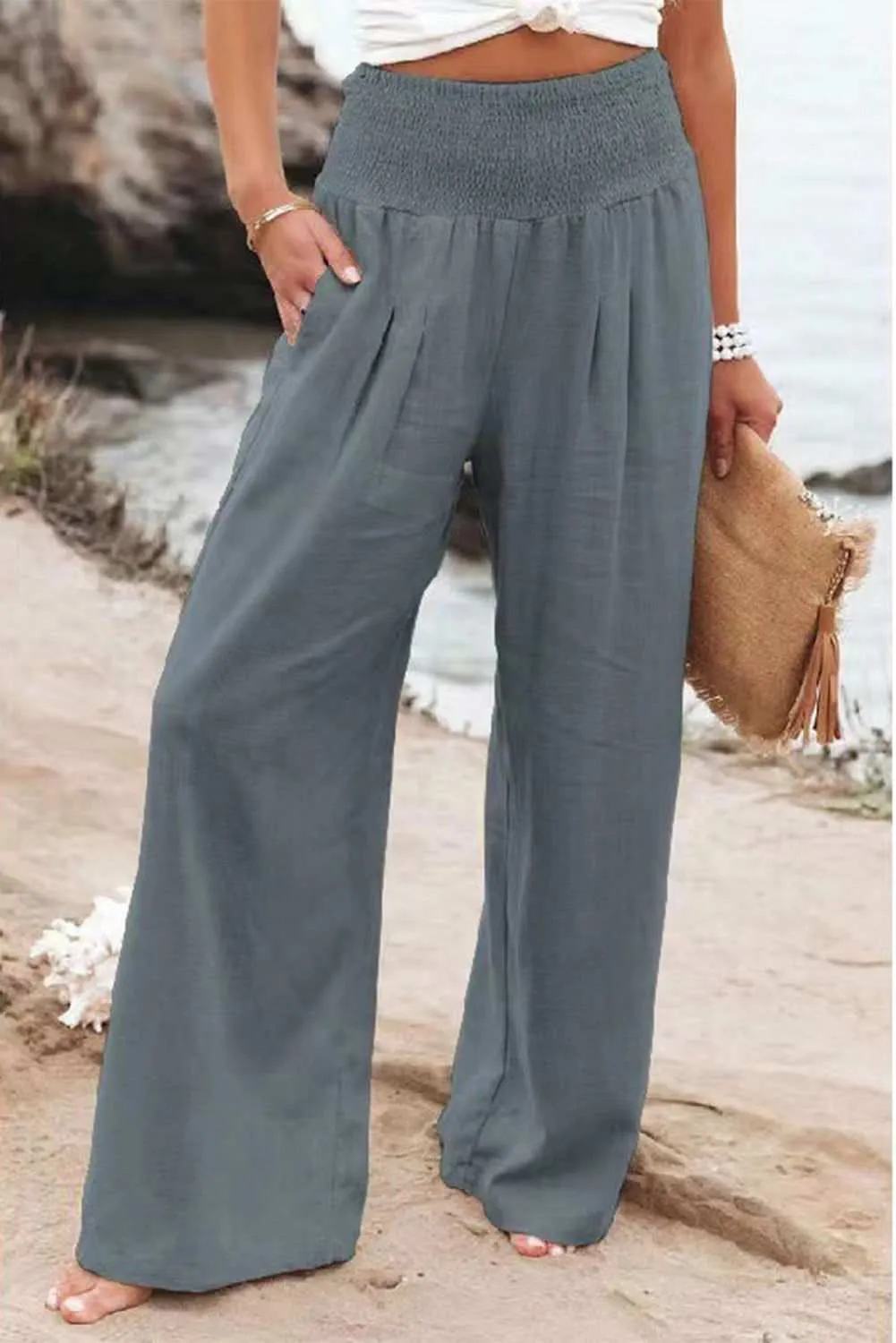 White Smocked Wide Waistband High Waist Wide Leg Pants