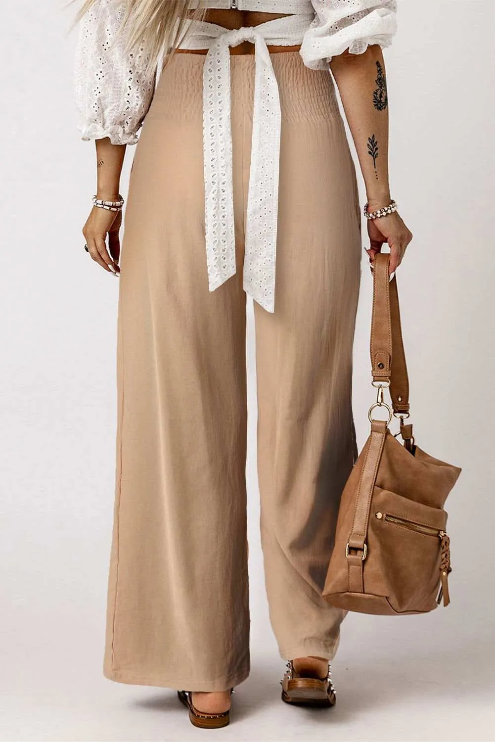 White Smocked Wide Waistband High Waist Wide Leg Pants