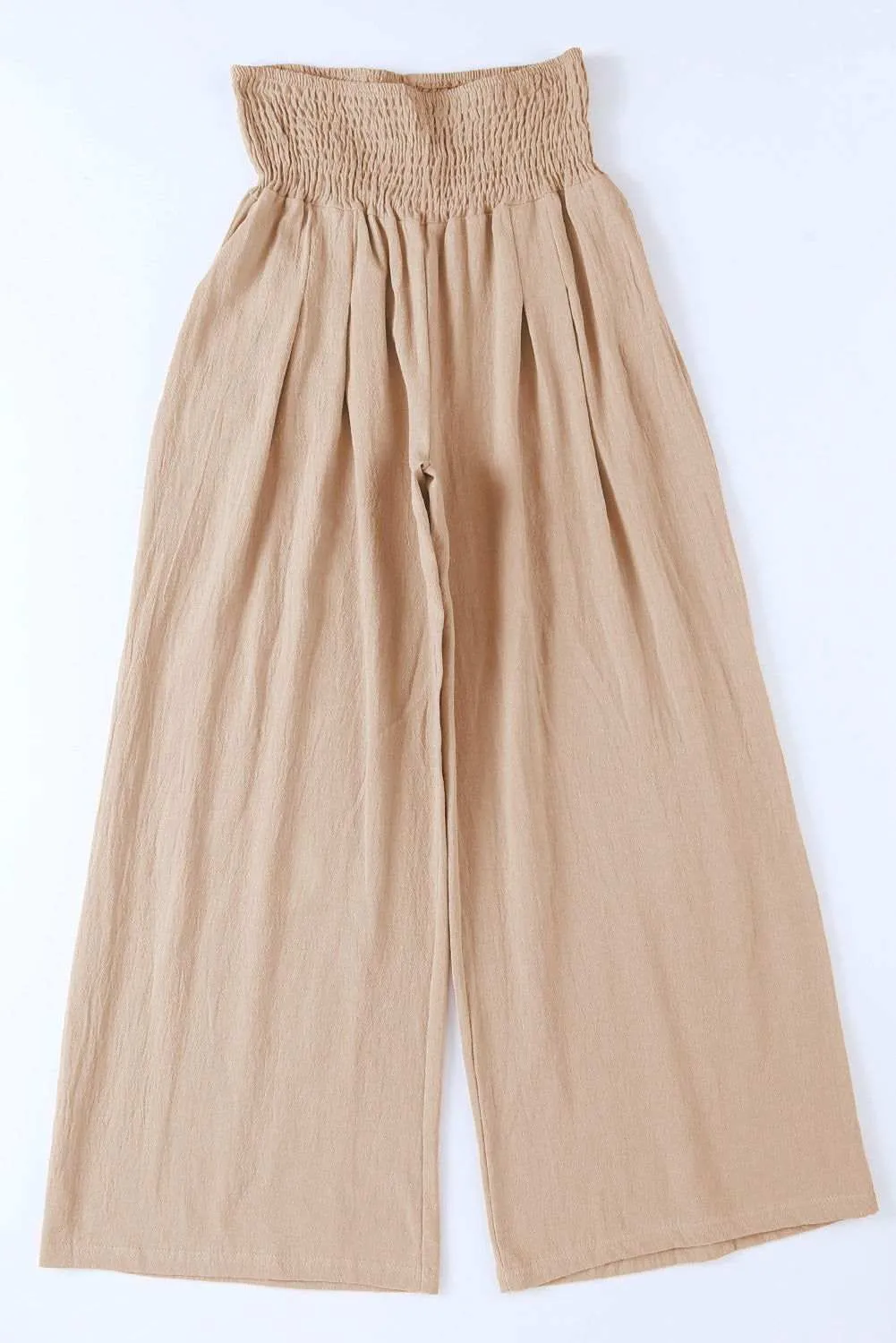 White Smocked Wide Waistband High Waist Wide Leg Pants