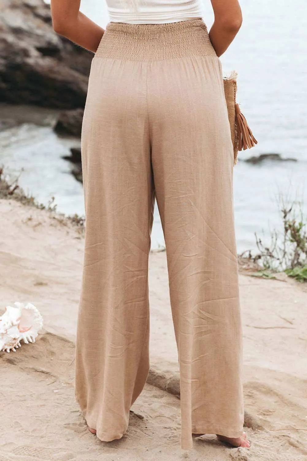 White Smocked Wide Waistband High Waist Wide Leg Pants