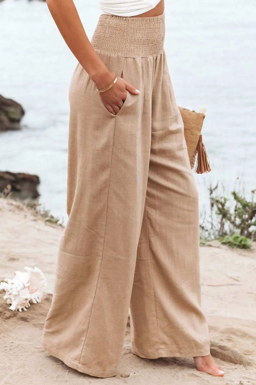 White Smocked Wide Waistband High Waist Wide Leg Pants