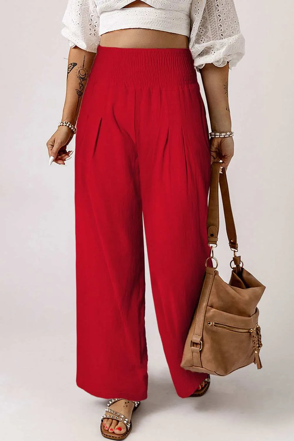 White Smocked Wide Waistband High Waist Wide Leg Pants