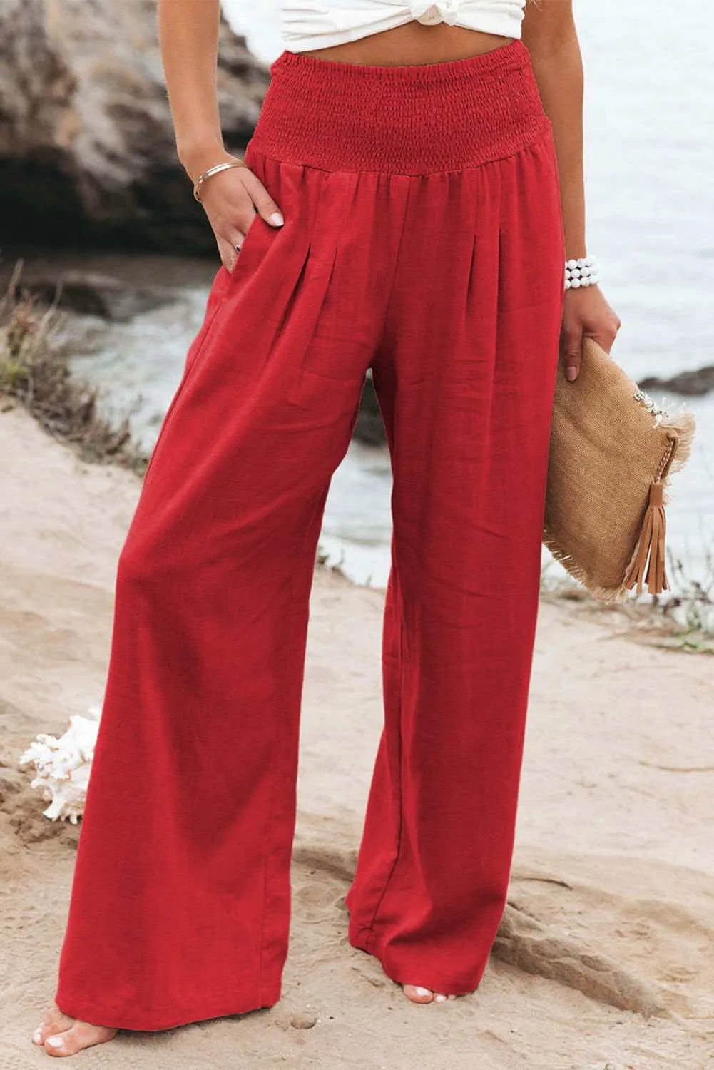 White Smocked Wide Waistband High Waist Wide Leg Pants