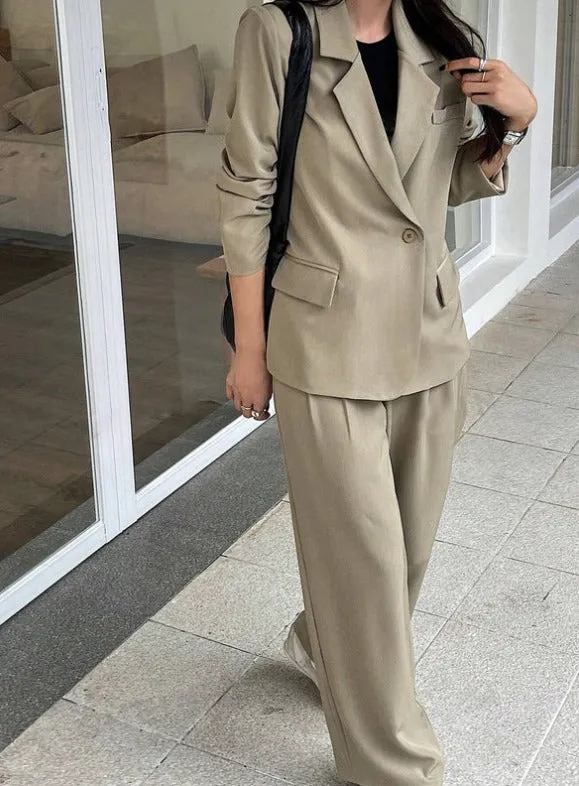 Wide-Leg Pants & Blazer Solid Color Suit Set