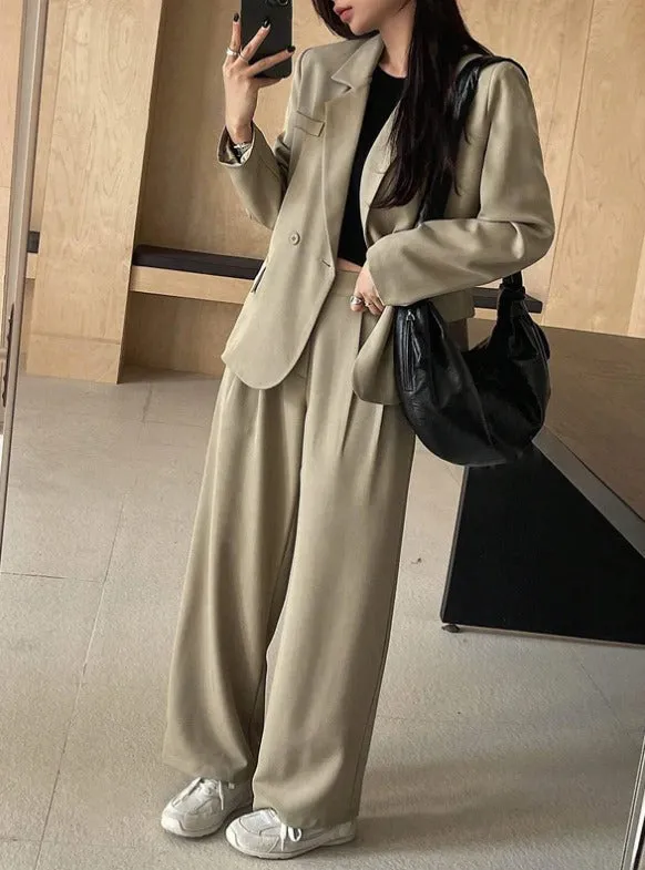 Wide-Leg Pants & Blazer Solid Color Suit Set