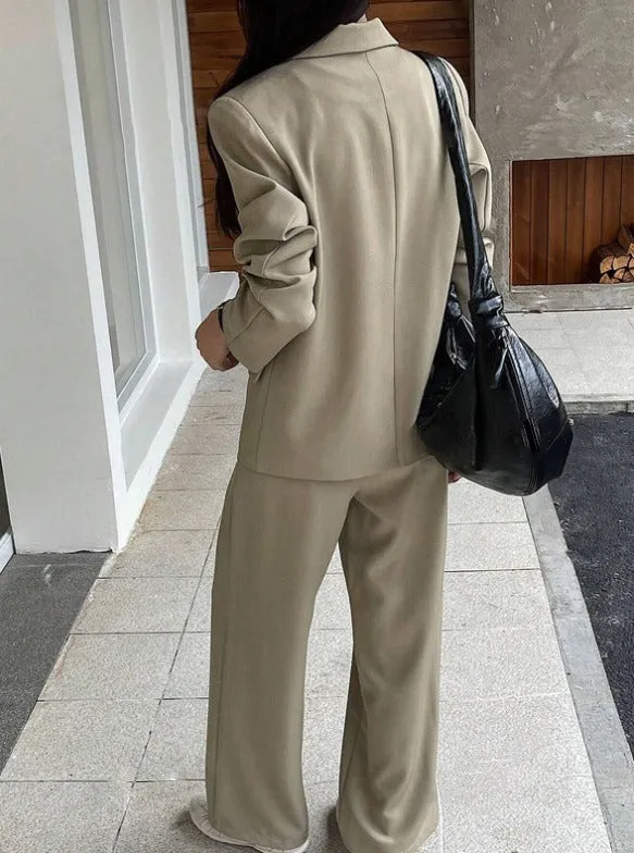 Wide-Leg Pants & Blazer Solid Color Suit Set