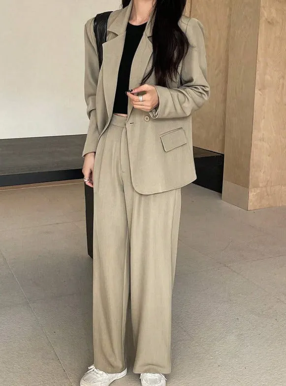 Wide-Leg Pants & Blazer Solid Color Suit Set