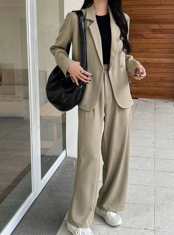 Wide-Leg Pants & Blazer Solid Color Suit Set